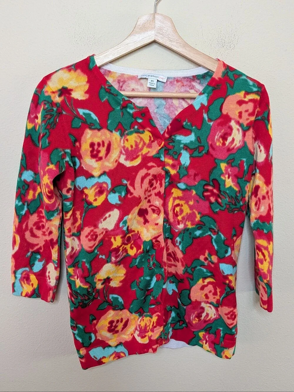 Isaac Mizrahi Live! Red Floral Cardigan Women's Size XS Button Front 3/4 Sleeve
